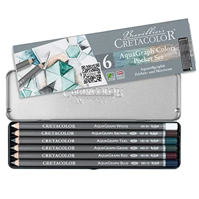 Afbeelding van CRETACOLOR Aquagraph Colors Pocket Set, wateroplosbare grafietstiften met kleuraccenten voor aquareleffecten, rood/blauw/groen/petrol/bruin/wit, in praktische en robuuste metalen etui