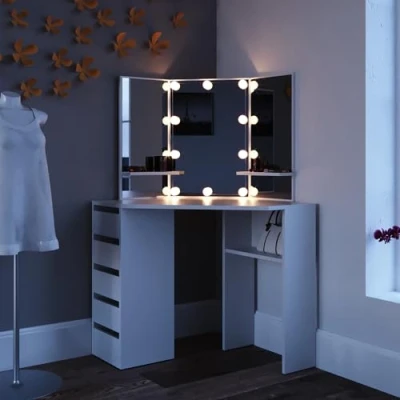 Afbeelding van Vicco Hoek kaptafel &quot;Arielle&quot;, Wit, 110 cm met LED verlichting