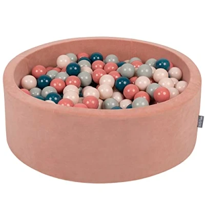 Afbeelding van KiddyMoon rond ballenbad fluwelen 90x30cm/300 ballen ∅ 7cm ballenbakken voor baby&#039;s speelbad peuters, made in eu, woestijnrozen: donker turquoise/pastel beige/groen grijs/zalm kleuren