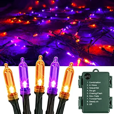Afbeelding van OEMG 12m 120 LED Halloween Lichten Oranje Paars Kerstverlichting, 8 Modi Fairy Lights Batterij Outdoor Waterdichte String Lights, Xmas Decoratie voor House Tuin Party Yard Dak Decor