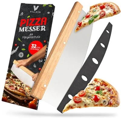 Afbeelding van Villkin Pizzames met 32 cm lemmet scherpe pizzasnijder van roestvrij staal houten handvat groot weegmes effectiever dan pizzaroller (groot)