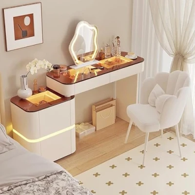 Afbeelding van moderne LED make uptafel met spiegel en kruk, lades, kaptafel glazen blad verlichting, instelbare helderheid, 80 cm