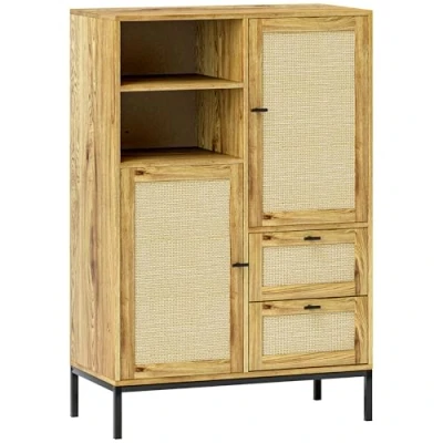 Afbeelding van HOMCOM Kommode, Aufbewahrungsschrank mit Rattan Türen, Mehrzweckschrank Schubladen und verstellbaren Regalen, Metallrahmen, für Wohnzimmer, Schlafzimmer, Esszimmer, 80 x 40 120 cm, Naturholz