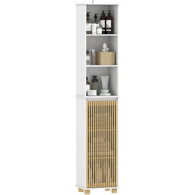 Afbeelding van HOMCOM Badkamerkolom, badkamerkast, opbergkast met lattendeur van bamboe en open vakken, hoge kast voor woonkamer, keuken, 35 x 26 173 cm, wit