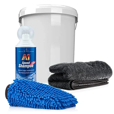 Afbeelding van detailmate Wack A1 Speed Shampoo voor auto en motorfiets, 500 ml + kunststof wasemmer met bijpassend deksel microvezel chenille washandschoen absorberende droogdoek, 50 x 80 cm, 1000 g/m²
