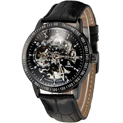 Afbeelding van Alienwork IK Automatisch Horloge Heren Dames Zwart Leren Armband Skelet Glasbodem