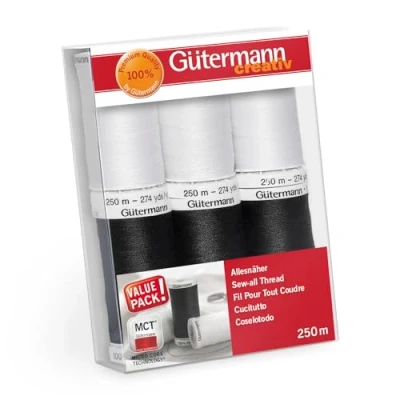 Afbeelding van Getermann Gutermann Creativ Allesnaaigaren Set van 6 spoelen 250 m, 100% polyester, Hand en machinaal naaien, Universeel, Zwart &amp; Wit