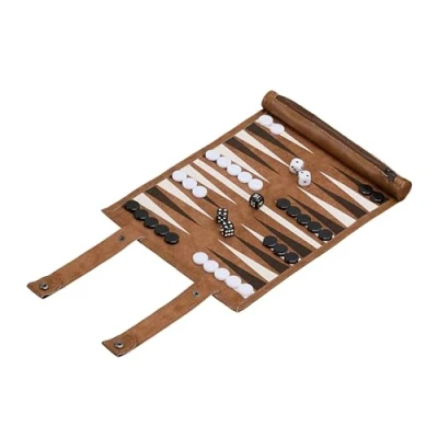 Afbeelding van Relaxdays backgammon reiseditie, oprolbaar, met speelstenen en dobbelsteen, BxD: 32 x 26 cm, kunstleer, bordspel, bruin