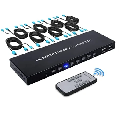Afbeelding van TCNEWCL 4K HDMI KVM switch 8 Port, in 1 out voor computers aandelen toetsenbord, muis, printer en HD monitor, met afstandsbediening USB + 2 kabel
