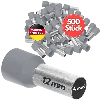 Afbeelding van 500 stuks Kalitec AE412GR adereindhulzen geïsoleerd 4,0 mm² 12 mm lang grijs I Made in Germany Industriële kwaliteit