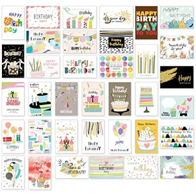 Afbeelding van 36 verjaardagskaarten set met enveloppen, verjaardagskaart wenskaart voor kinderen, ontwerpen premium verjaardag vouwkaarten envelop