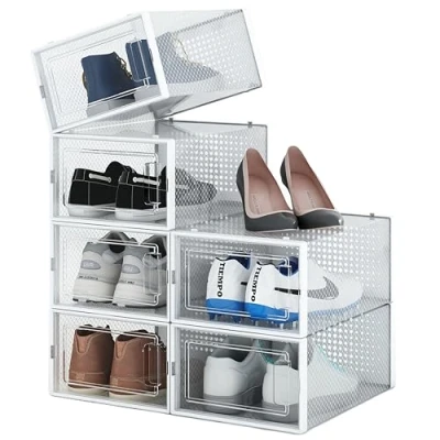Afbeelding van 4CONVY Opvouwbare schoenendoosjes, stapelbaar, duurzame schoenenvakken schoenenorganizer plastic transparante dozen voor garderobe slaapkamer hal 6 stuks