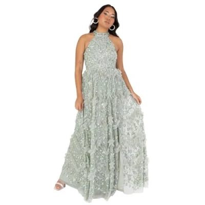 Afbeelding van Maya Deluxe Maxi jurk voor dames, halterhals, mouwloos, salie, pailletten, versierd, ruffels, split A lijn, evenementenbal, Groene lelie, 36