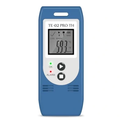 Afbeelding van ThermElc TE 02Pro H temperatuur en vochtigheidsrecorder met automatische CSV PDF rapporten, vergelijkt multi apparaatgegevens, kalibratiecertificaat temperatuurrecorder