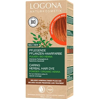 Afbeelding van LOGONA Naturkosmetik Verzorgende plantaardige haarverf, veganistisch haarkleurpoeder met biologische henna voor intensieve kleur en glans, haarverf in Hennarood (rood), 1 x 100 g