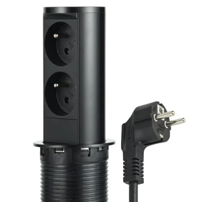 Afbeelding van Electraline 35464 stekkerdoos inschuifbaar, pop up 2 Frans, standaard diameter, inbouwstopcontact voor keuken, kantoor, behuizing van roestvrij staal, zwart, verticaal, D 60 mm