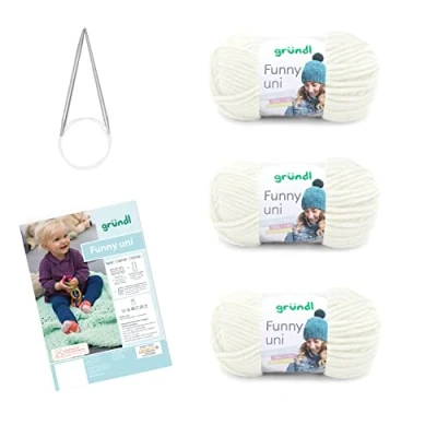 Afbeelding van Gründl Funny Uni Breiset (fluweelachtig chenillegaren) 3 x 100 g + naalden 5 6 handleiding voor een babydeken, 29 19 8 cm