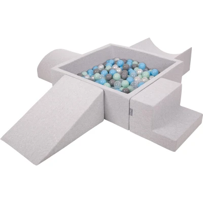 Afbeelding van KiddyMoon schuimspeelplaats voor kinderen met vierkante ballenbak (300 ballen), lichtgrijs: parelkleurig / grijs transparant babyblauw mintkleurig