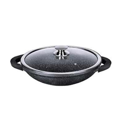 Afbeelding van Kamberg Wok 36 Cm Gegoten Aluminium Coating In Steenlook Met Glazen Deksel Voor Alle Warmtebronnen, Ook Inductie Pfoa Vrij, Aluminium, Grijs,