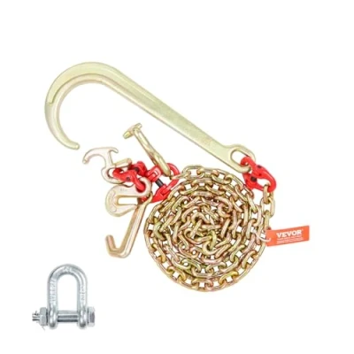 Afbeelding van VEVOR Haaksleepketting J lange schacht, draagvermogen 2448 kg, G80 aanhangerketting met haak RTJ, 8 mm x 180 cm, voor herstel, probleemoplossing, transport, sleepwagen, vrachtwagen