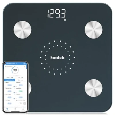 Afbeelding van Homebuds Personenweegschaal met lichaamsvet, digitale weegschaal Bluetooth lichaamsanalyseweegschaal app sinds 2001 voor BMI, gewicht, spiermassa, water, proteïne, BMR, 180 kg, blauw