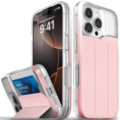 Afbeelding van VENA vCommute voor iPhone 16 Pro portemonneehoesje, [valbescherming van militaire kwaliteit] lederen flip hoesje sleuf kaarthouder met standaard pastelroze