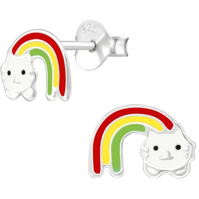 Afbeelding van JoyS Zilveren regenboog kat poes oorbellen 9 x 6 mm kinderoorbellen