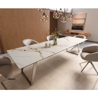 Afbeelding van DELIFE Eetkamertafel Edge 300x100 keramiek Calacatta Luxe wit goud grijs RVS schuin