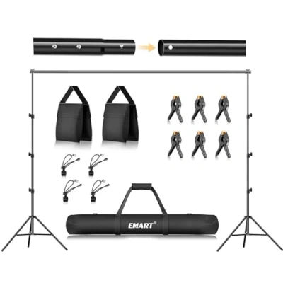 Afbeelding van EMART Verstelbare fotoachtergrondhouder, 2,6 m x 3 m, achtergrondsteunsysteem met 6 klemmen, 2 zandzakken en 1 draagtas voor fotostudio, fotografie, live streaming, feest, bruiloft