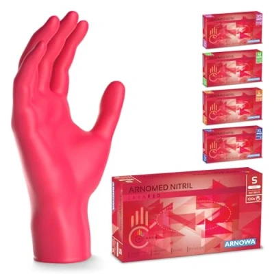 Afbeelding van ARNOMED wegwerphandschoenen rood, nitril handschoenen S, met 100 stuks per doos, poedervrij. Latexvrije rubber handschoenen, verkrijgbaar in XS, M, L &amp; XL