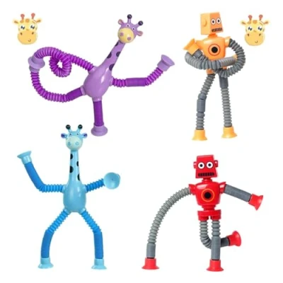 Afbeelding van RXKFIGX 4 stuks telescopische zuignap, giraffe speelgoed, robot, pop buizen, sensorisch giraffen tubes, grappig pedagogisch stressverminderend speelgoed voor kinderen