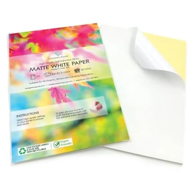 Afbeelding van Evergreen Goods™ 30 vellen A4 mat wit stickerpapierlabel Inkjet &amp; laser afdrukbaar Kwaliteit zelfklevende kleverige achterkant Thuis stickers maken, productetiketten Snijmachine compatibel