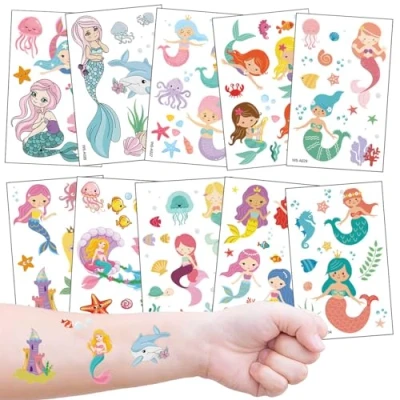 Afbeelding van Zeemeermin tatoeage voor kinderen, 10 vellen, tijdelijke kindertatoeages, waterdicht, meisjes, kinderverjaardag, cadeautje, feest