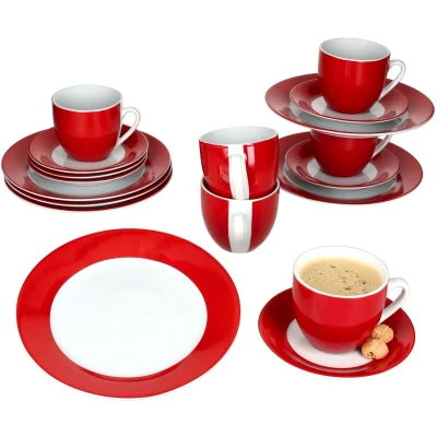 Afbeelding van MamboCat Variant Rood 18 delig koffieservies, gekleurde porseleinen koffieset voor 6 personen, x koffiekopjes 200 ml, schoteltjes en taartborden, kleurrijk servies ontbijt koffie