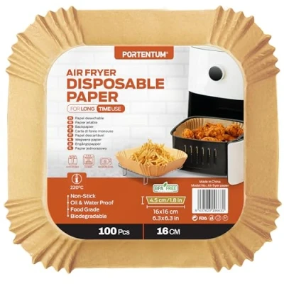 Afbeelding van PORTENTUM Food Grade luchtfriteuse papier, BPA vrij, 16 20 cm, vierkant luchtfriteusepapier, 100 stuks