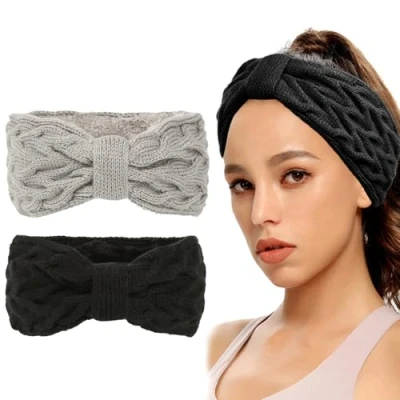 Afbeelding van Roysmart hoofdband voor dames, winter, 2 stuks, gebreide hoofdband, winter gevoerde fleece haarband, elastische vrouwen, (zwart + grijs)