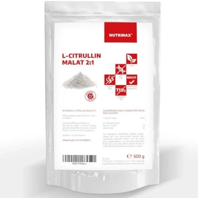 Afbeelding van NUTRINAX L citrulline malaat 2:1 poeder 500 g aminozuur uit plantaardige fermentatie veganistisch, hoge dosis zonder toevoegingen optimale oplosbaarheid
