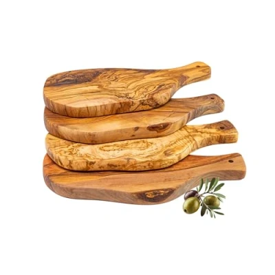 Afbeelding van Erreke Set van 4 Snijplank, Natuurlijk Olijfhout, Eten Serveren of Snijden, Houten Snijplanken, Barbecue Kaas Brood, Handgemaakt (28x13 cm met Handvat)