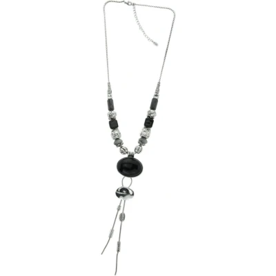Afbeelding van Behave Lange zwarte ketting met keramieke kralen en ovale hanger