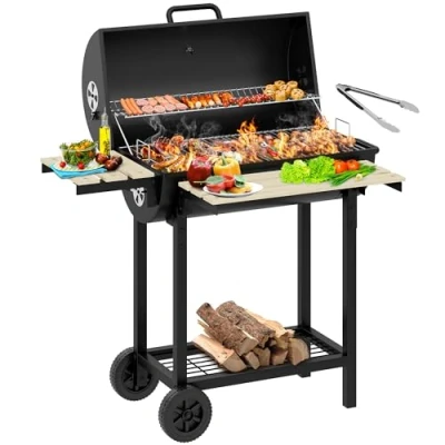 Afbeelding van YITAHOME L Houtskoolroker BBQ, draagbare barbecuegrill met in hoogte verstelbare houtskoolbak en temperatuurmeter voor feest, camping, terras, tuin, wordt geleverd keukentang