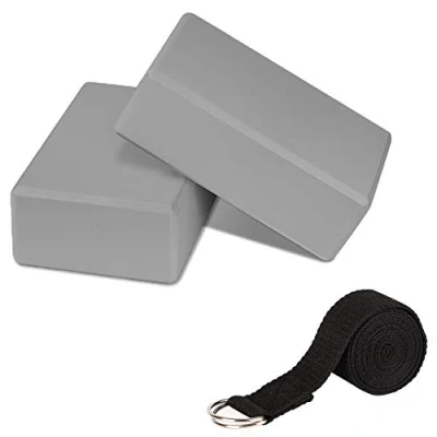 Afbeelding van 2PCS Yoga Block Set, PUDSIRN High Density EVA Foam Blocks Antislip met Strap Metal D Ring om de balans en flexibiliteit voor yoga, pilates, meditatie te verbeteren (Grijs)