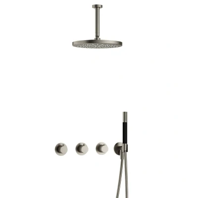 Afbeelding van Hotbath Cobber Regendoucheset IBS70 Geborsteld Nikkel Staaf handdouche 30cm Hoofddouche 15cm Plafondbuis Handouche met wandhouder