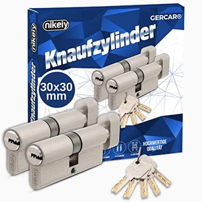 Afbeelding van GERCAR Pro set van 2 knopcilinders gelijksluitend 60 mm slotcilinder met knop 30/30 cilinder messing mat massief incl. 10 sleutels omkeerbare sleutel lengte: mm, A:30 B:30 2x