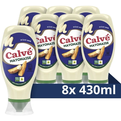 Afbeelding van Calvé Mayonaise De Échte met plantaardige olie en eieren 3 sterren Beter Leven keurmerk 8 x 430 ml