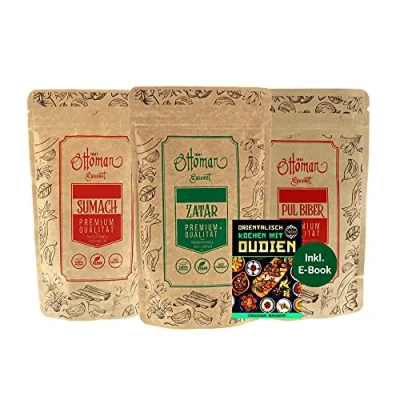 Afbeelding van OUDIEN Kruidenmix van sumach, Zatar en Pul Beber Ottoman 3x200g, oosterse specerijen incl. e book met 20 lekkere recepten