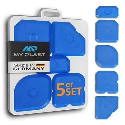 Afbeelding van My Plast Voegengladmaker, set van 5 voegenspatels, kunststof trekker voor siliconen en acrylvoegen, hoeken, randen, professioneel voegenvulgereedschap, met afschuiningen, radiusmarkeringen, set, blauw
