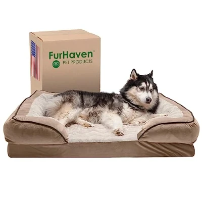 Afbeelding van Furhaven XL traagschuim hondenbed, perfect comfort, pluche en fluwelen golven, bankstijl met afneembare wasbare hoes Brownstone, Jumbo (XL)