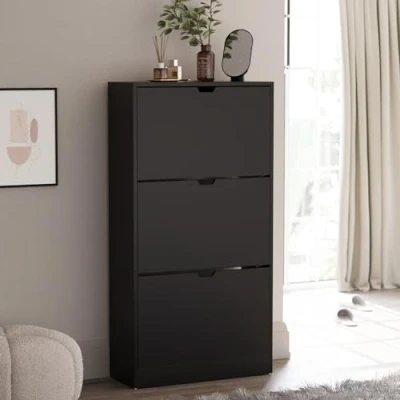 Afbeelding van Vida Designs Schoenenkast met 3 laden, ruimtebesparende schoenopbergkast klapladen, hal en woonkamermeubels 100% FSC gecertificeerd (zwart)