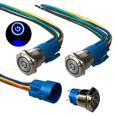 Afbeelding van QitinDasen 3stks Premium 12V/24V 5A Zelfsluitende Sluitende Knop Schakelaar, 19mm Auto Ontsteking Starter Blauw LED Licht Roestvrij Staal IP67 Waterdichte Schakelaar met Socket Plug Draad
