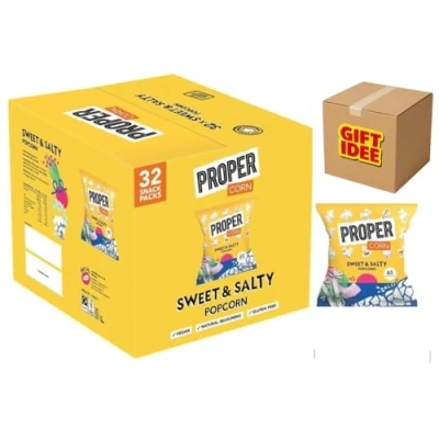 Afbeelding van Proper Corn Sweet &amp; Salty Popcorn Multipack 14g, Doos van 32 Natuurlijk zeezout en rietsuiker kruiden, Vegetarisch, Glutenvrij, Handgepofte Maïs, 65 kcal Gift Idee